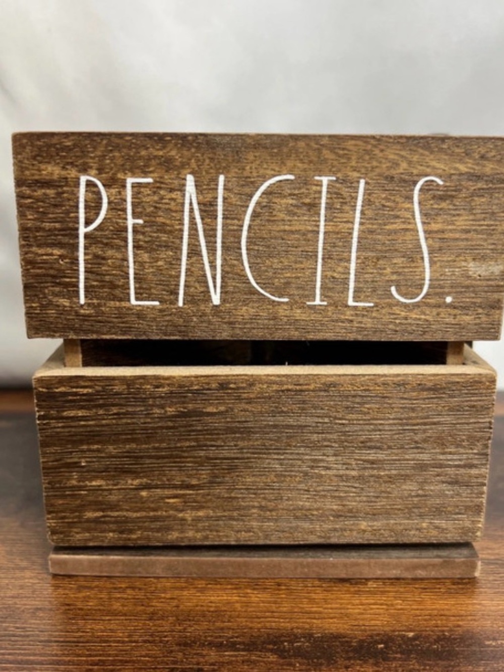 Rae Dunn PENCILS & PENS Wooden Desk Holder - Brown with White Lettering